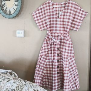Linen blend midi checkered Dress